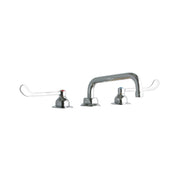 Chrome centerset faucet with curved tube spout and white wristblade handles on circular base mounts.