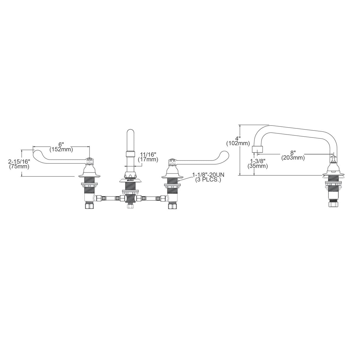 Chrome centerset faucet with 8" tube spout, 6" wristblade handles, and dimensional specifications shown.