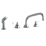 Chrome kitchen faucet with arced spout, two lever handles, and detachable side spray.