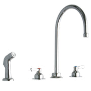 Chrome kitchen faucet with gooseneck spout, two lever handles, side spray, and deck-mounted base.