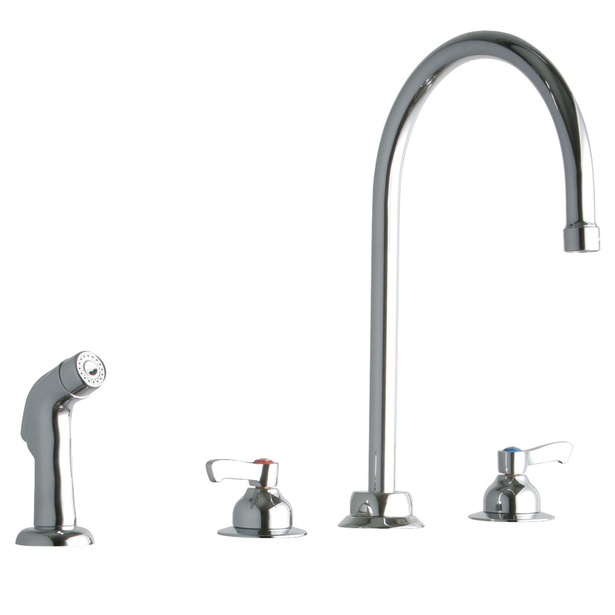 Chrome kitchen faucet with gooseneck spout, two lever handles, side spray, and deck-mounted base.