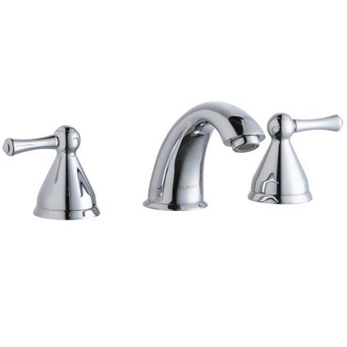 Chrome three-piece centerset lavatory faucet with curved spout and lever handles.