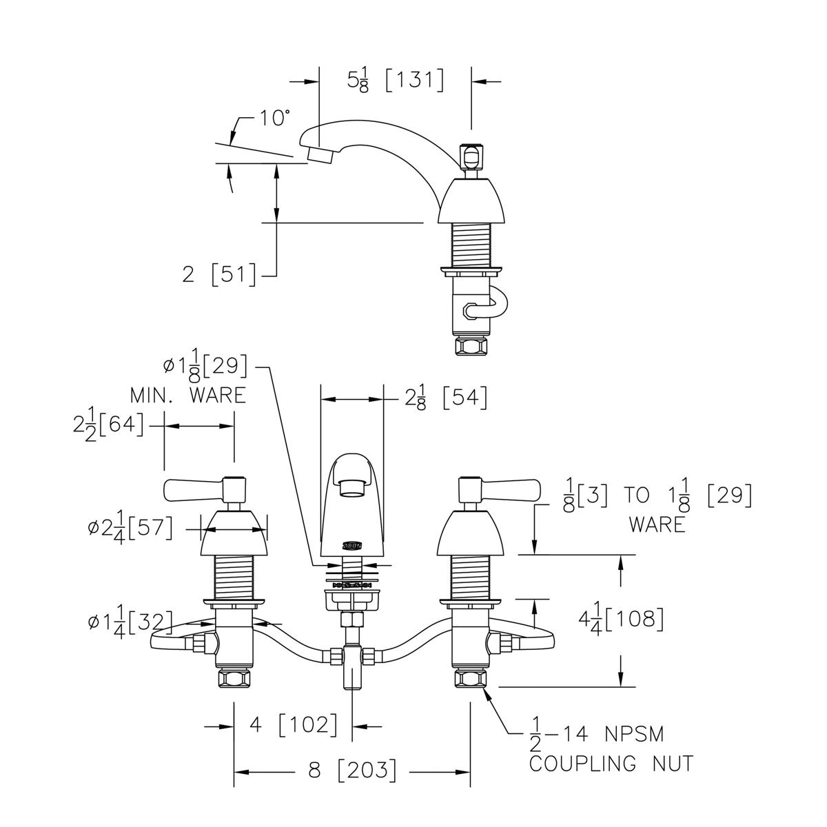 Technical diagram of chrome centerset lavatory faucet with curved spout and dual handles, showing measurements and installati