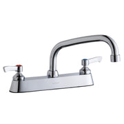 Chrome centerset faucet with white base, arched spout, and two lever handles with hot and cold indicators.