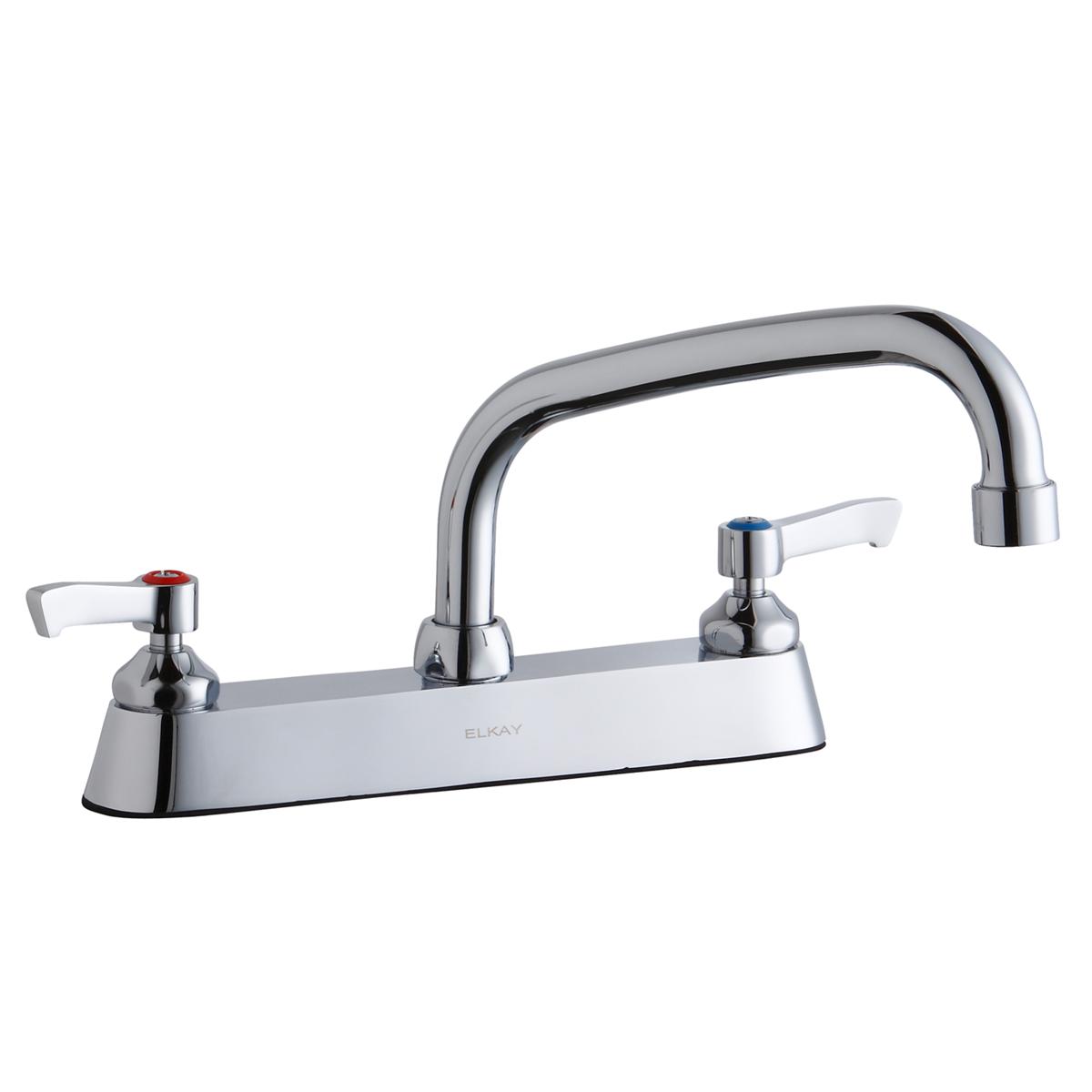Chrome centerset faucet with white base, arched spout, and two lever handles with hot and cold indicators.