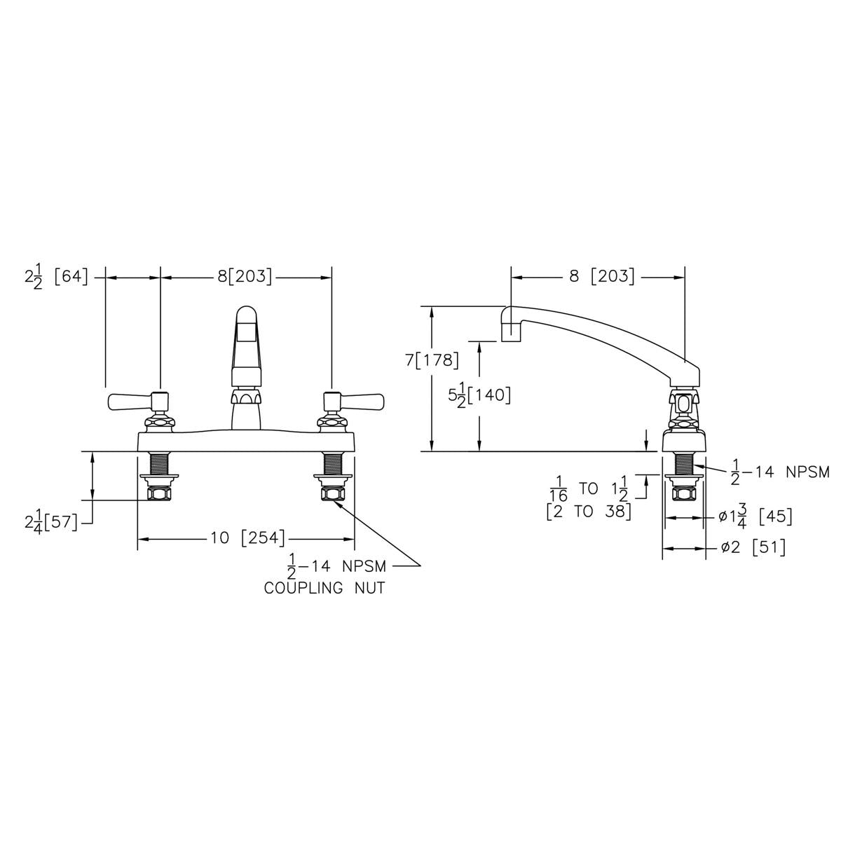Chrome centerset faucet with 8-inch arc spout, two lever handles, and technical dimension specifications.