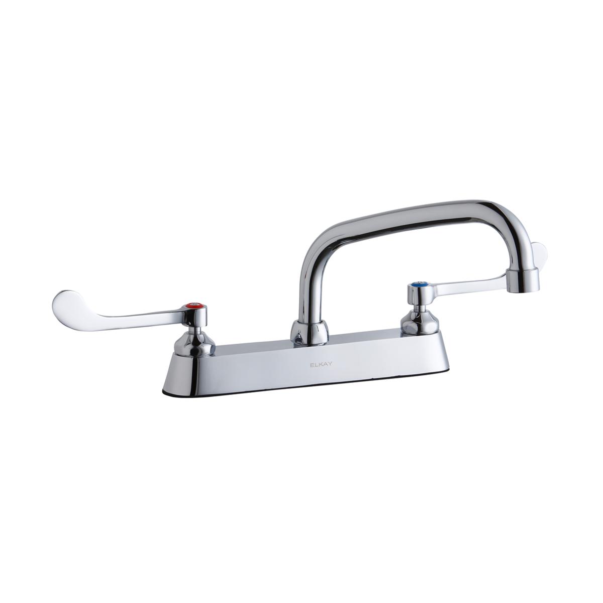 Chrome centerset faucet with arched spout and dual wristblade handles on deck plate.