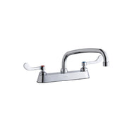 Chrome deck-mounted faucet with arching spout and wristblade handles on white base.