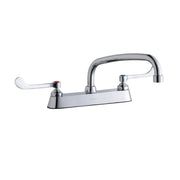 Chrome centerset faucet with arched spout and wristblade handles on white base plate.