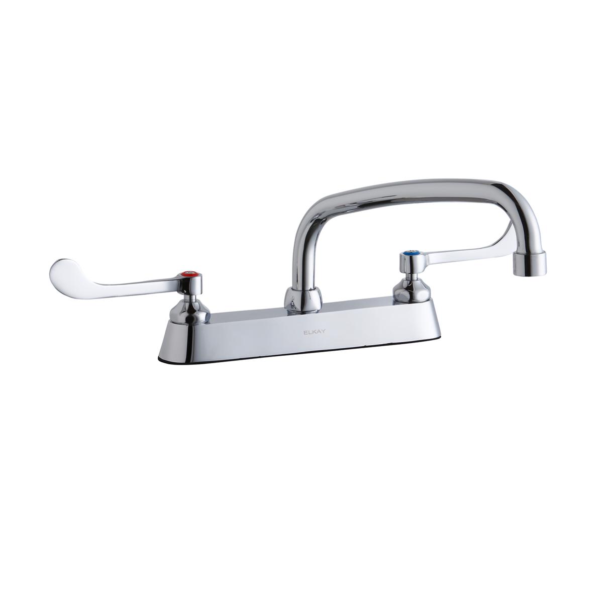Chrome centerset faucet with arched spout and wristblade handles on white base plate.