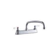 Chrome centerset faucet with arcing spout and two lever handles on white rectangular base.