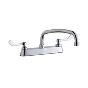 Chrome centerset faucet with curved arc spout and four-inch wristblade handles.