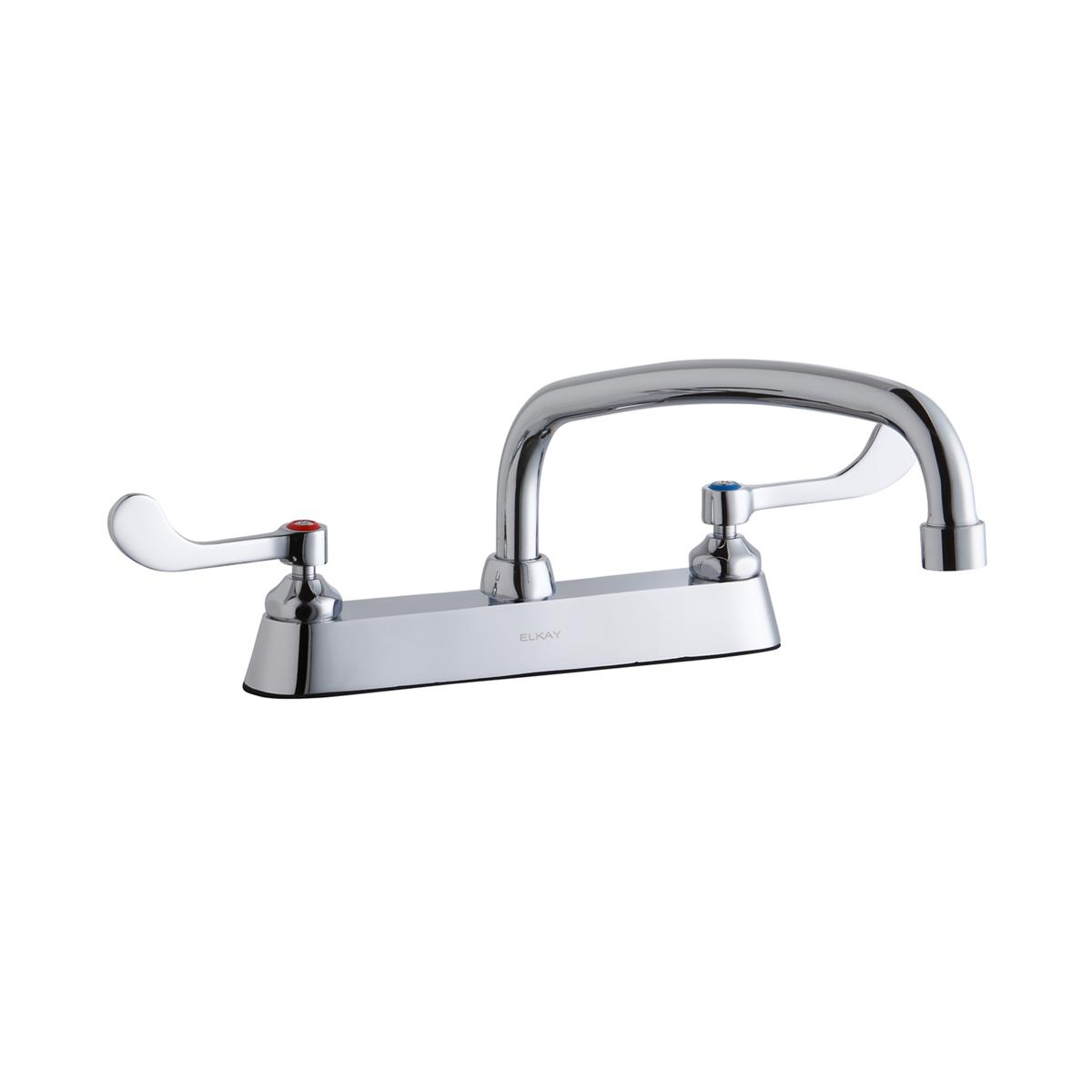 Chrome centerset faucet with curved arc spout and four-inch wristblade handles.