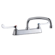 Chrome centerset faucet with arched spout and wristblade handles on white deck plate.