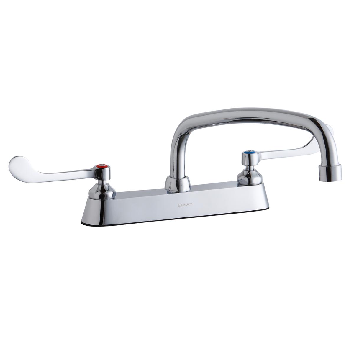 Chrome centerset faucet with arched spout and wristblade handles on white deck plate.