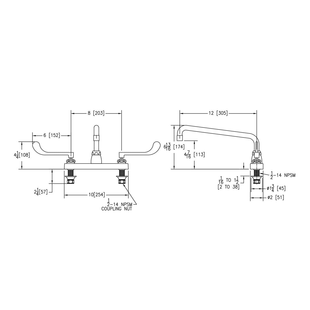 Chrome kitchen faucet with 12-inch arc spout, wristblade handles, and 8-inch centerset mounting with dimension specifications