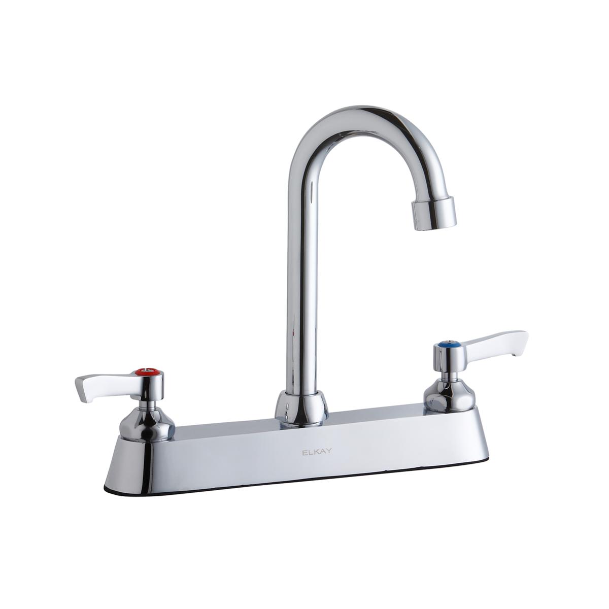 Chrome centerset faucet with curved gooseneck spout and two lever handles on white base deck plate.