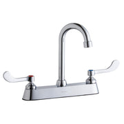 Chrome centerset faucet with gooseneck spout and wristblade handles for deck mounting.