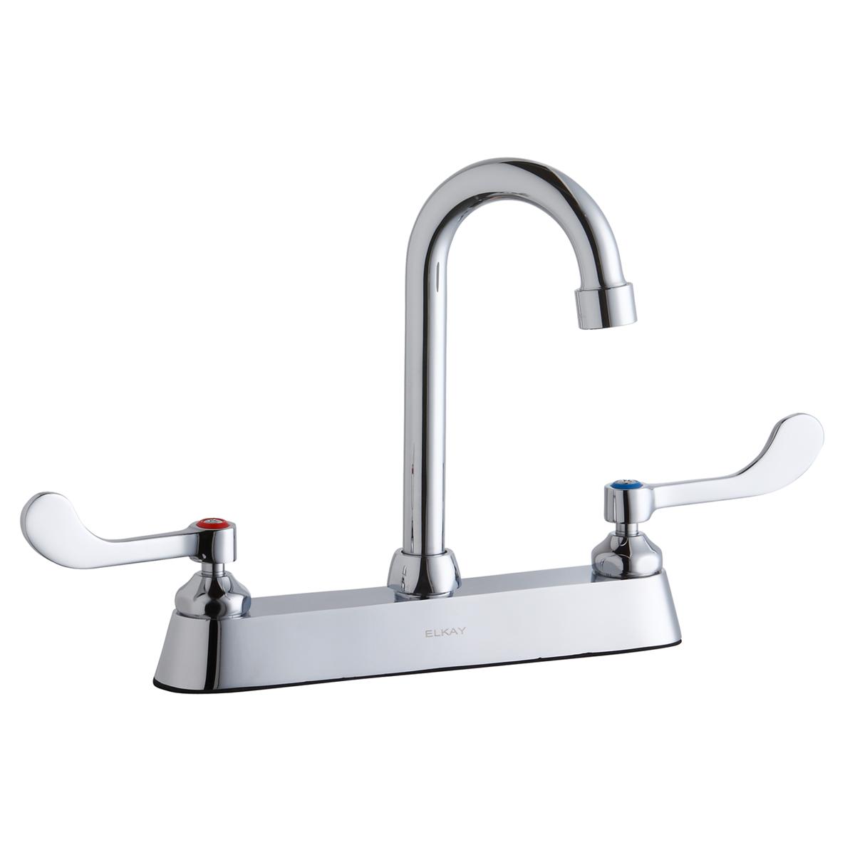 Chrome faucet with gooseneck spout, white lever handles, and rectangular base for 3-hole sink installation.