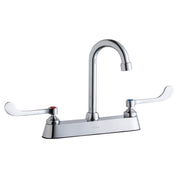 Chrome centerset faucet with curved gooseneck spout and white wristblade handles on rectangular deck plate.