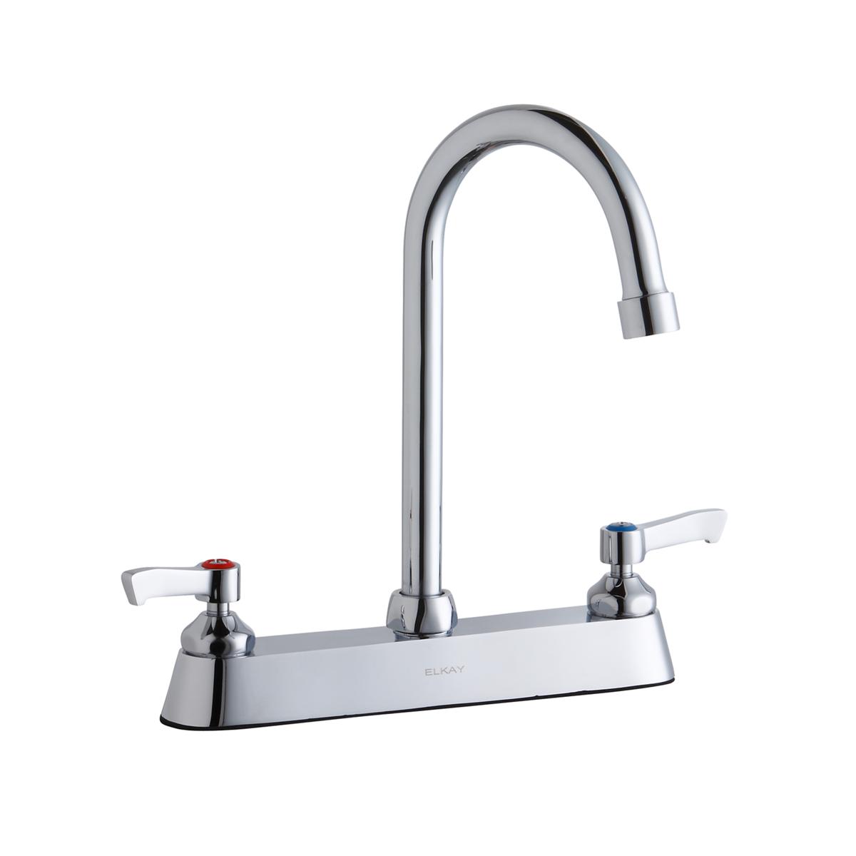 Chrome centerset faucet with tall gooseneck spout and two lever handles on white deck plate.