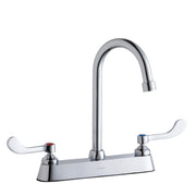 Chrome centerset faucet with curved gooseneck spout and wristblade handles on deck plate.