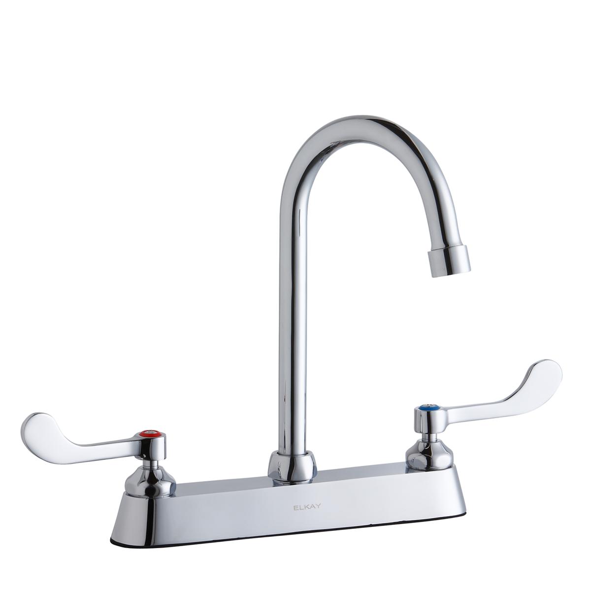 Chrome centerset faucet with curved gooseneck spout and wristblade handles on deck plate.