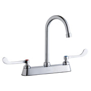 Chrome centerset faucet with arched gooseneck spout and white wristblade handles on rectangular deck base.
