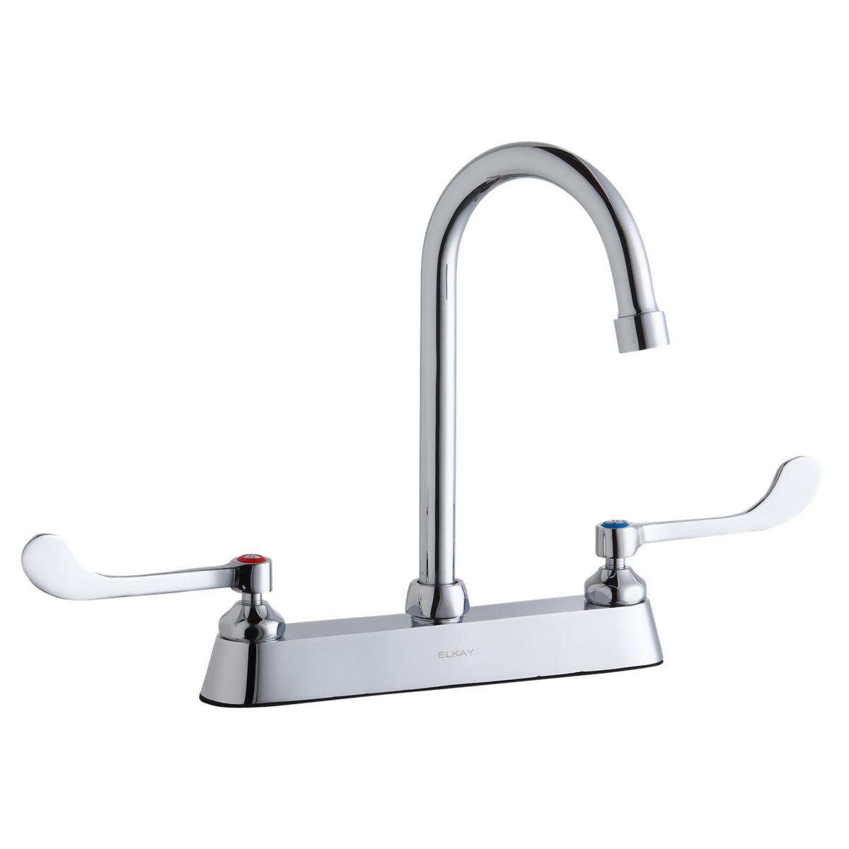 Chrome centerset faucet with arched gooseneck spout and white wristblade handles on rectangular deck base.