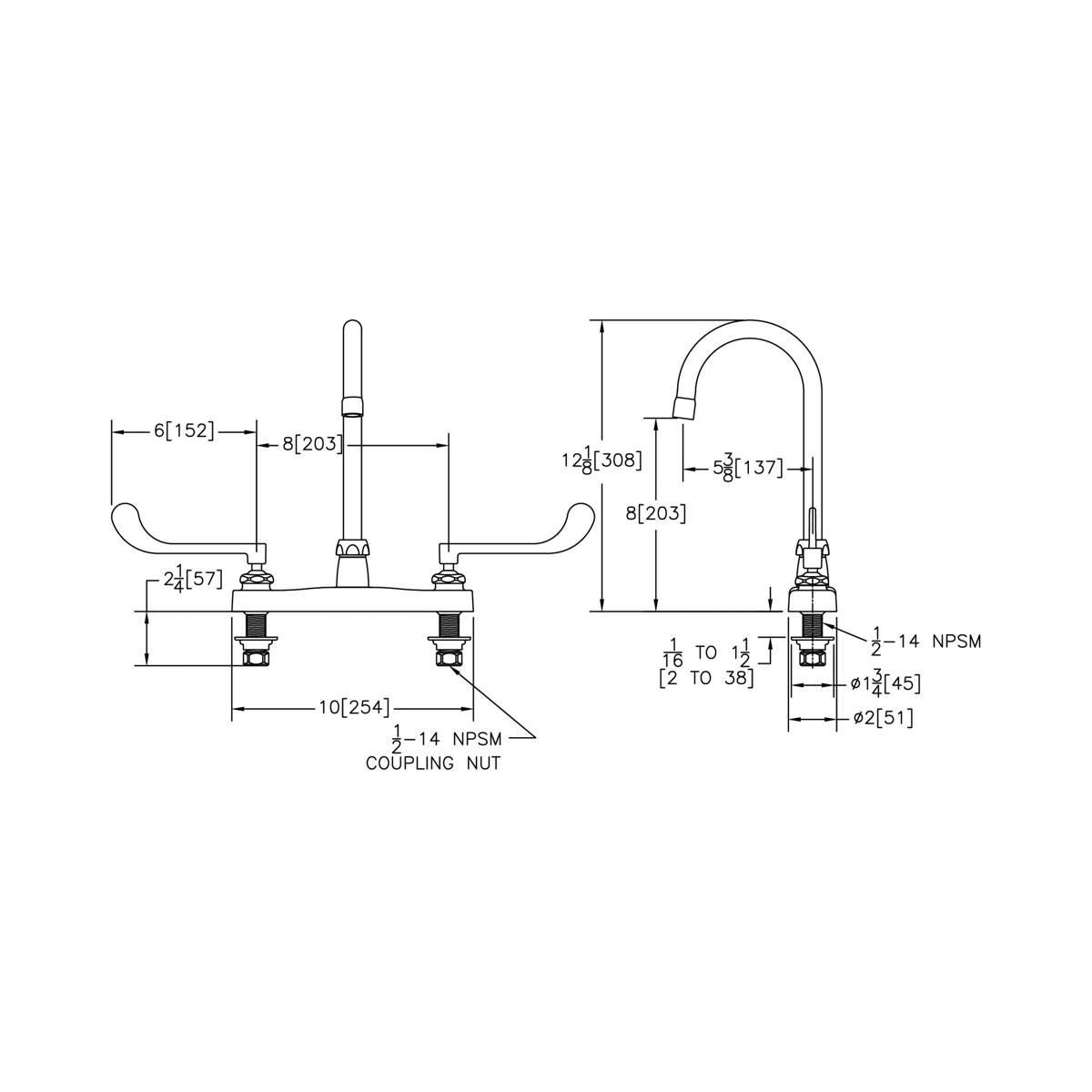 Chrome centerset faucet with gooseneck spout and wristblade handles, shown in technical specification drawings with measureme