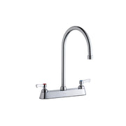 Chrome kitchen faucet with tall gooseneck spout and two lever handles on deck plate.