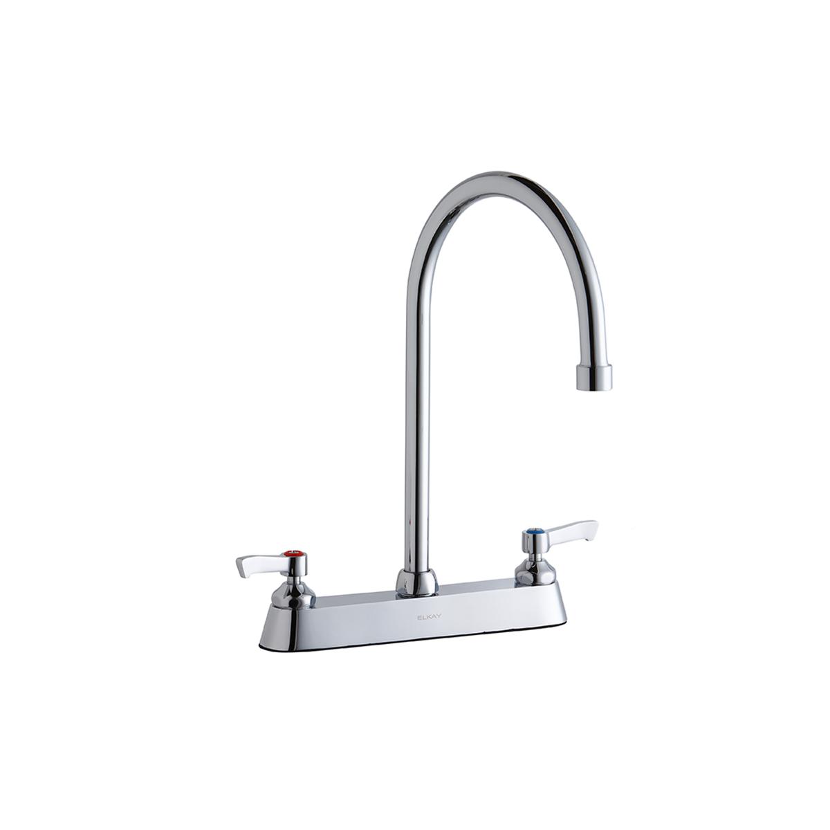 Chrome kitchen faucet with tall gooseneck spout and two lever handles on deck plate.