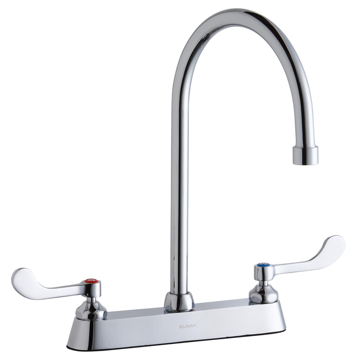 Chrome kitchen faucet with tall gooseneck spout and white wristblade handles on rectangular base.