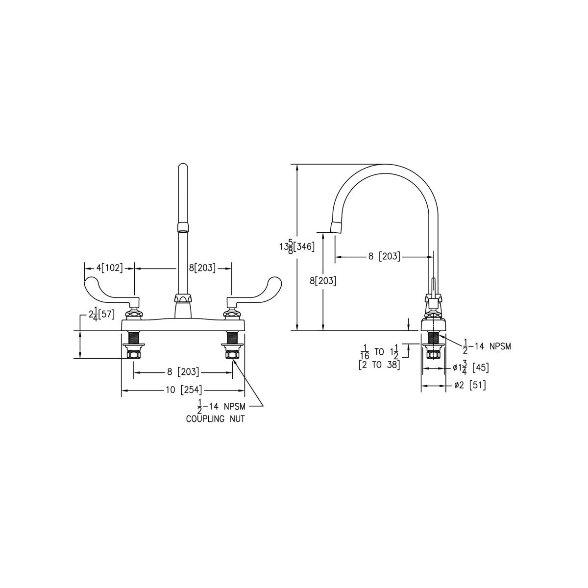Chrome centerset faucet with 8" gooseneck spout and 4" wristblade handles shown in technical dimension drawing.