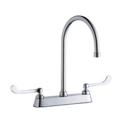 Chrome centerset faucet with tall gooseneck spout and white wristblade handles on deck base.