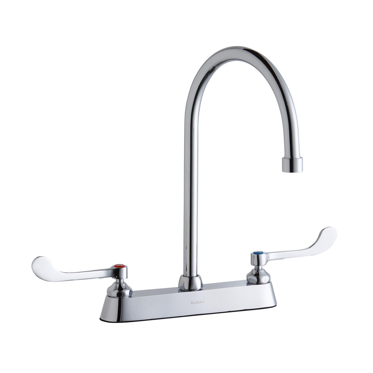 Chrome centerset faucet with tall gooseneck spout and white wristblade handles on deck base.
