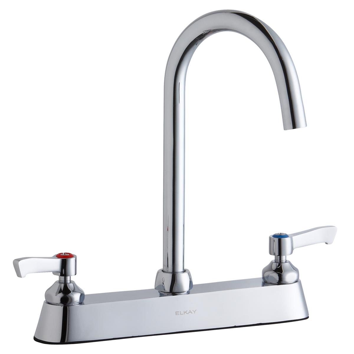 Chrome kitchen faucet with tall curved gooseneck spout and two lever handles on white deck plate.