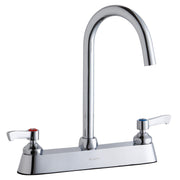 Chrome kitchen faucet with tall curved gooseneck spout and two lever handles on white deck plate.