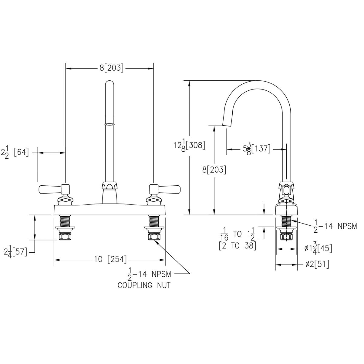 Chrome centerset faucet with 5" gooseneck spout and 2" lever handles, shown in technical schematic with dimensions.