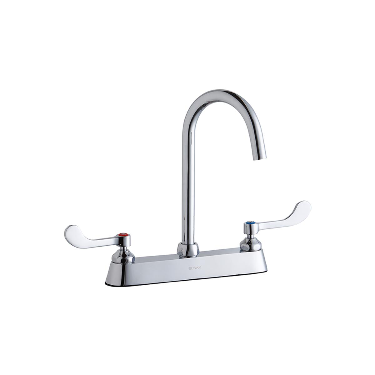 Chrome kitchen faucet with gooseneck spout and curved wristblade handles on deck base.