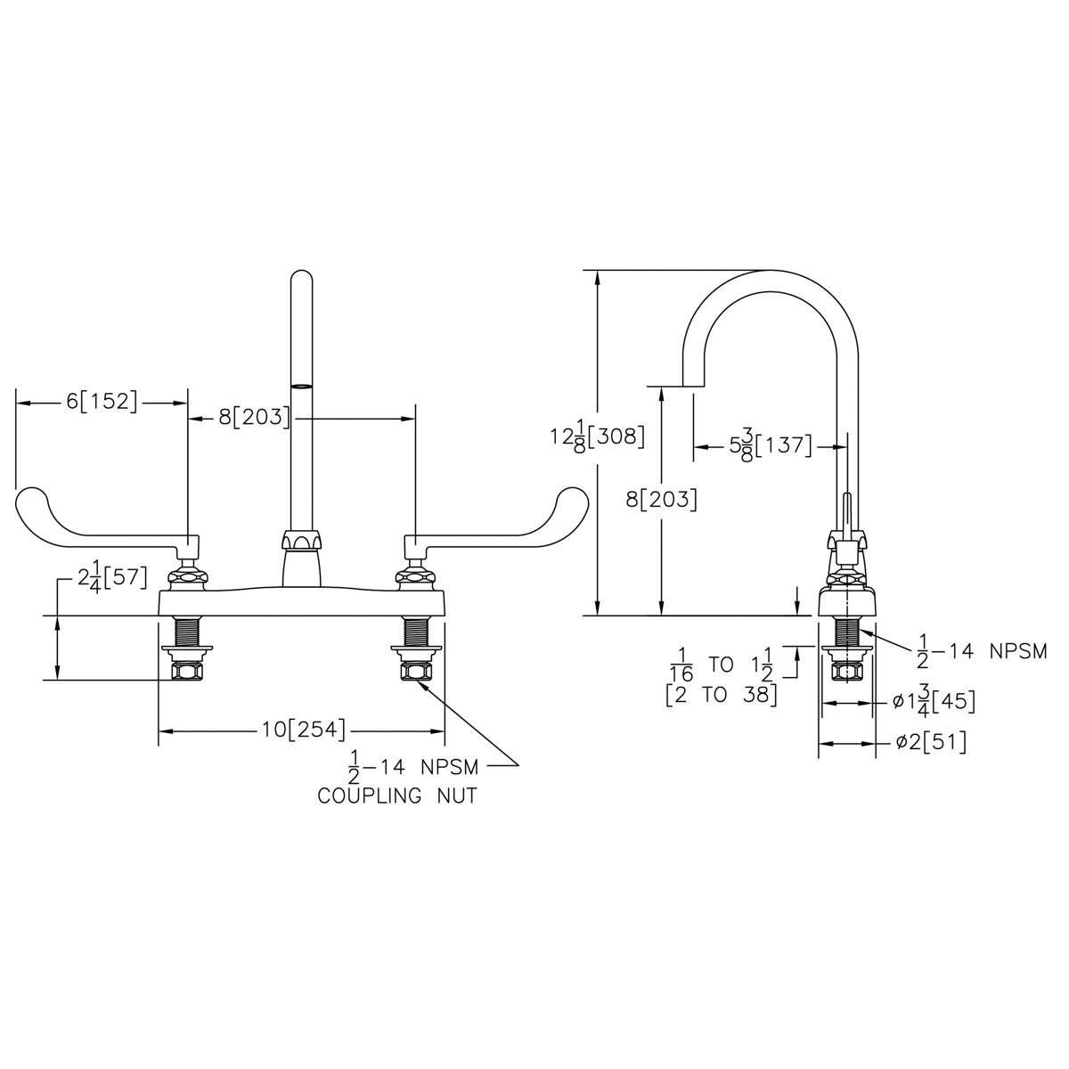 Chrome faucet with gooseneck spout and wristblade handles shown in top and side technical drawings with dimensions.