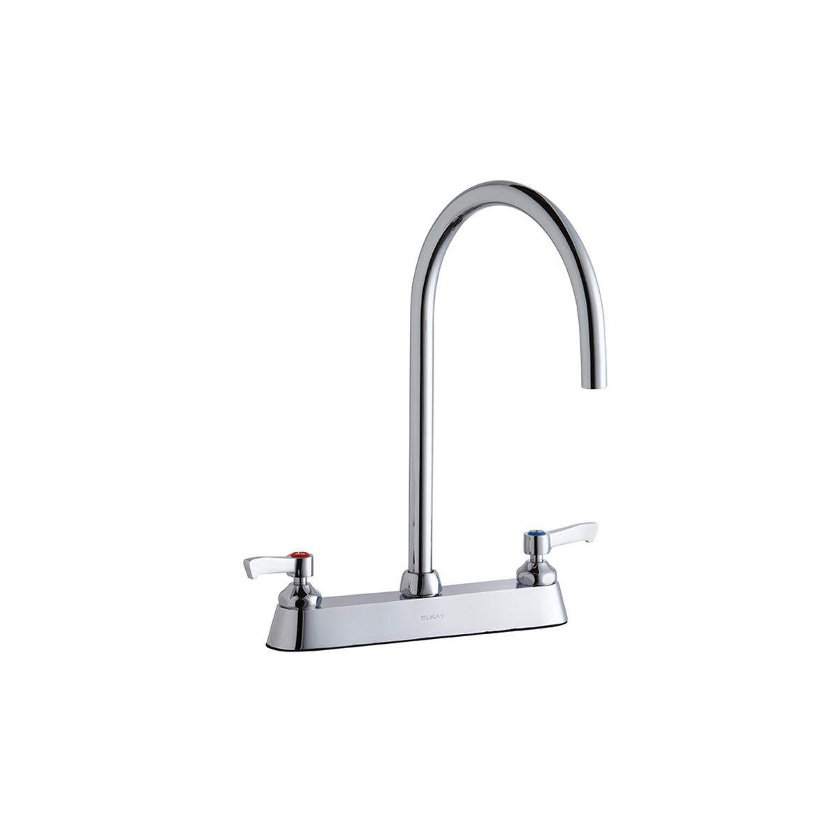 Chrome kitchen faucet with tall curved gooseneck spout and two lever handles on rectangular base.