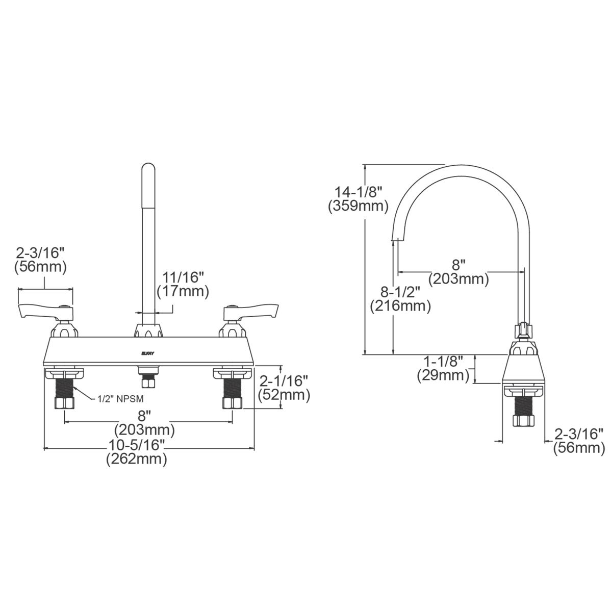 Chrome centerset faucet with 8" gooseneck spout, two lever handles, and exposed deck laminar flow design with dimension measu