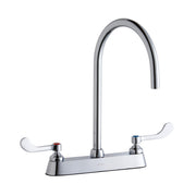 Chrome centerset faucet with tall gooseneck spout and white wristblade handles on rectangular base.