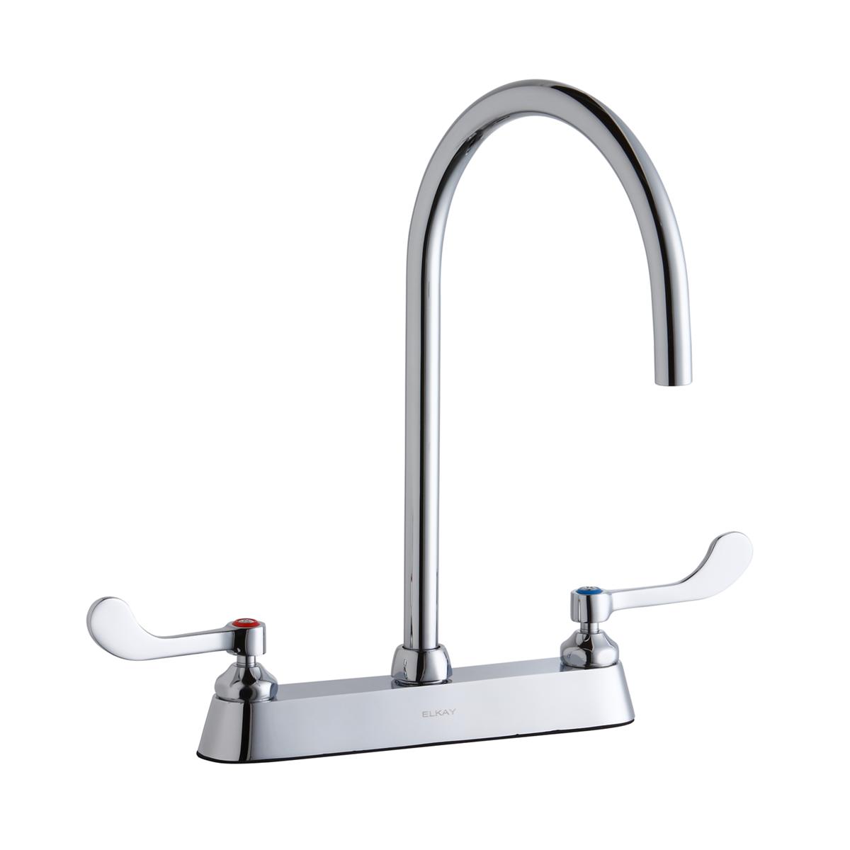 Chrome centerset faucet with tall gooseneck spout and white wristblade handles on rectangular base.