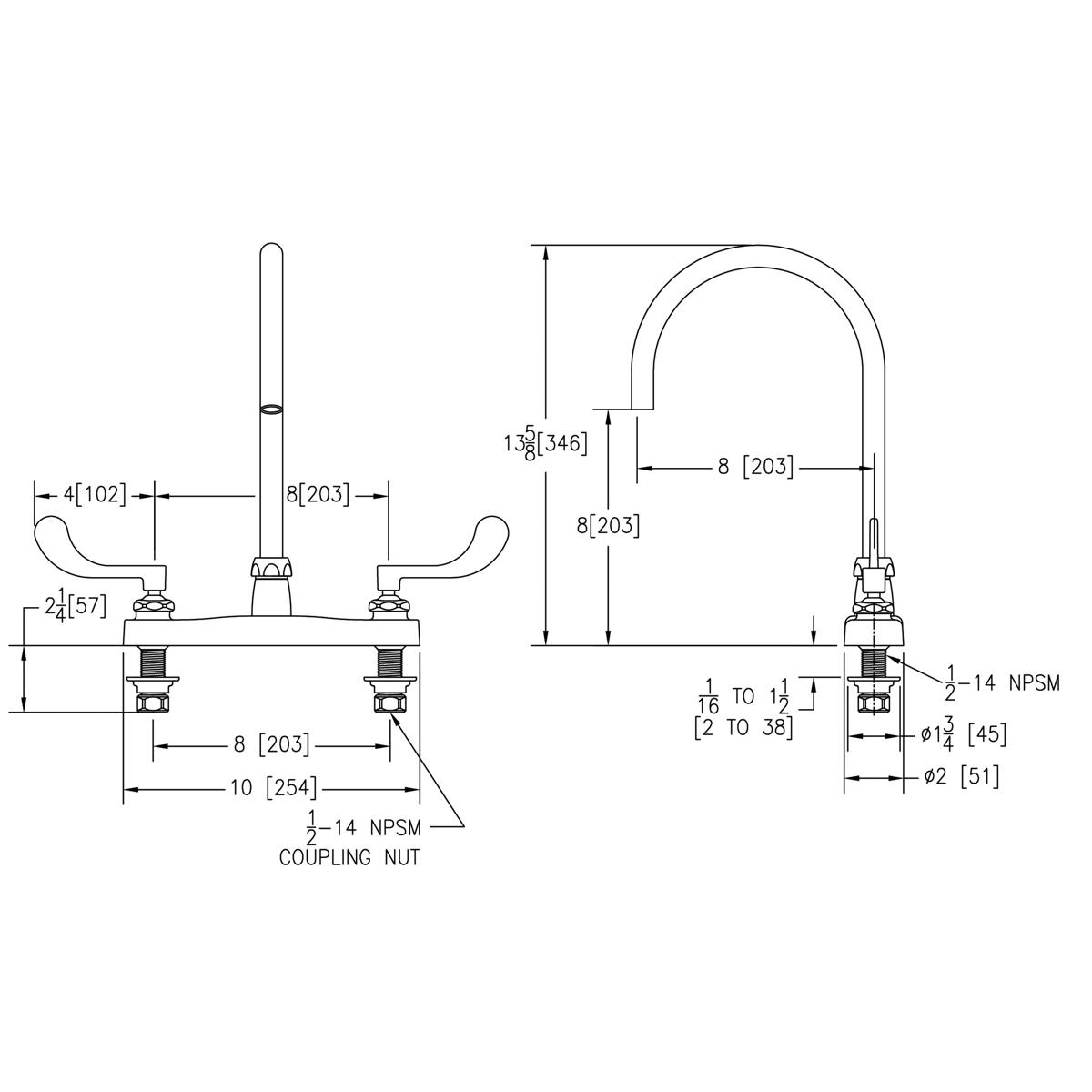 Chrome faucet with tall curved spout and two wristblade handles shown in technical schematic with dimensions.