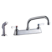 Chrome deck faucet with arched spout, two lever handles, and matching side spray attachment.