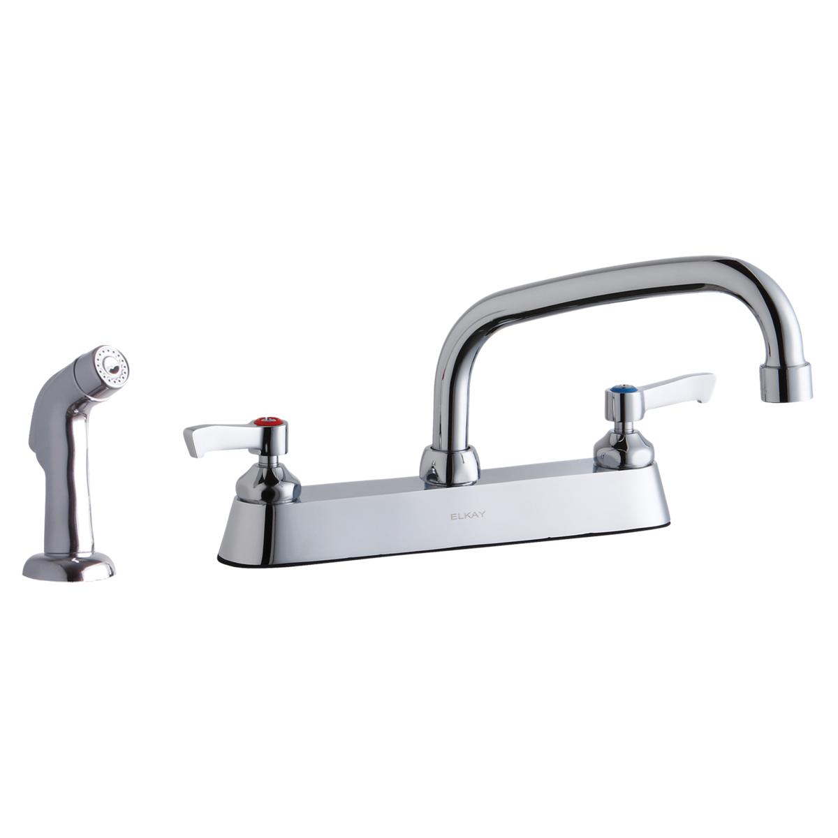 Chrome deck faucet with arched spout, two lever handles, and matching side spray attachment.