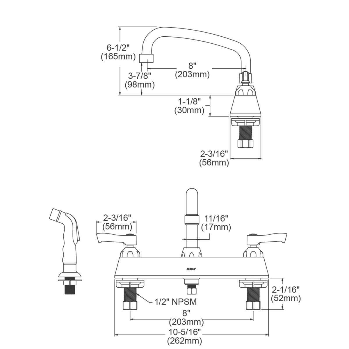 Elkay 8" Centerset with Exposed Deck Faucet with 8" Arc Tube Spout 2" Lever Handles Plus Side Spray Chrome