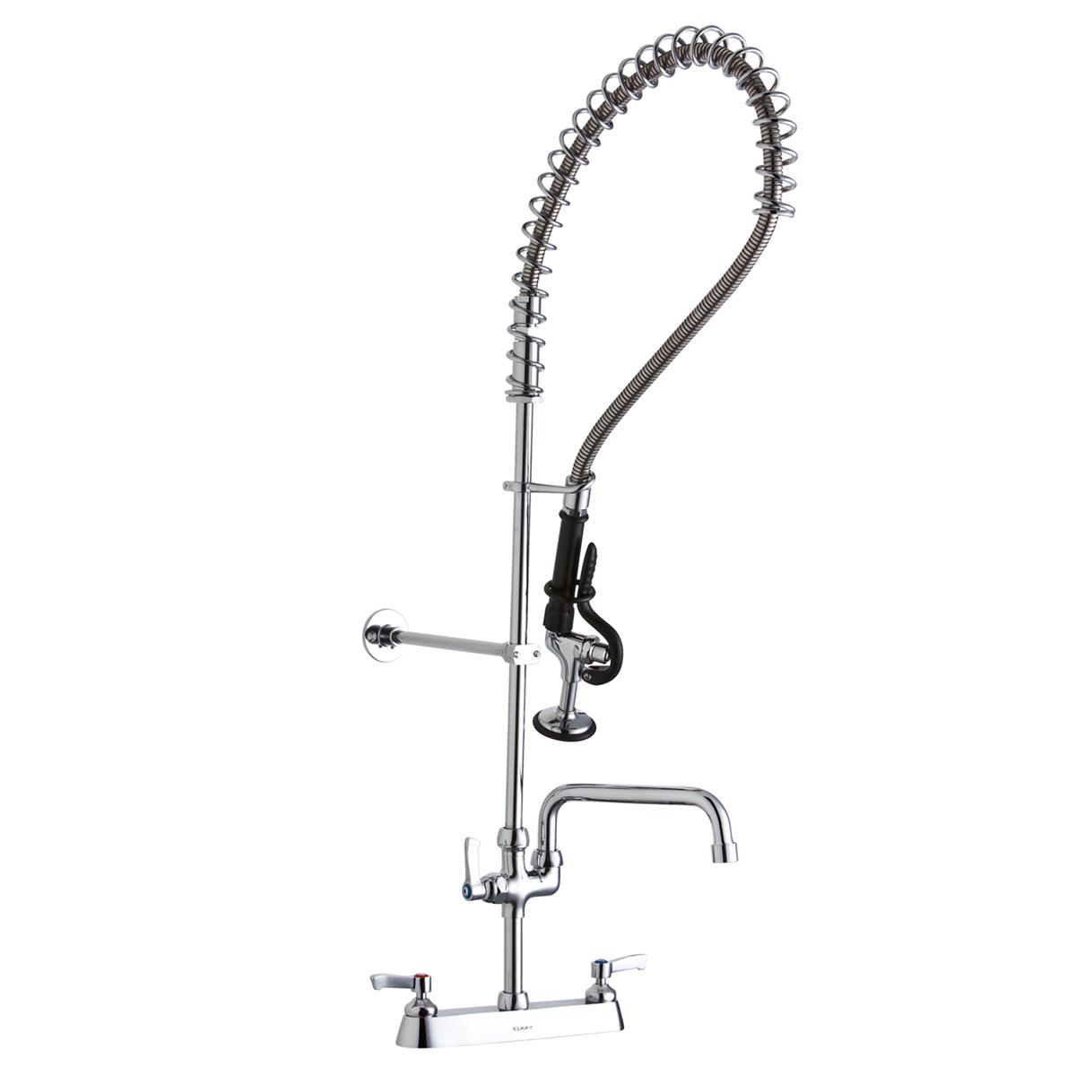 Elkay 8" Centerset Exposed Deck Mount Faucet 44in Flexible Hose with 1.2 GPM Spray Head + 8" Arc Tube Spout 2" Lever Handles